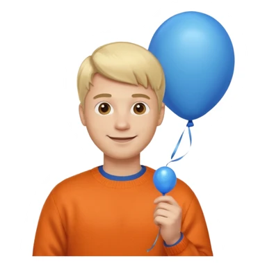 white skin, blonde hair man, orange sweater, hold blue balloon sticker
