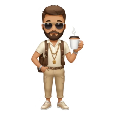 stylish bearded male traveler with coffee cup on hand, cool sun glasses with chain strap, white shoes, sticker