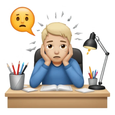 weary person sitting at desk with messy workspace, exhaustion and burnout, iOS emoji style sticker