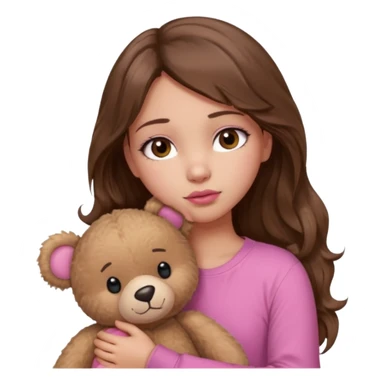 girl with long wavy brown hair, brown eyes, light to medium complexion, in a pink shirt, pink lips, long lashes, sad, hugging a teddy bear with a  heart sticker