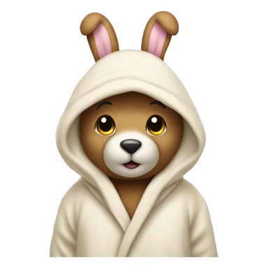 teddy bear that’s wearing a cream bunny dressing gown with the hood up and on the hood there is bunny ears sticker