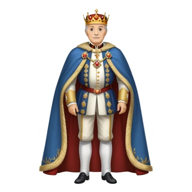 Full body of elderly, thin Carlos I of Spain with brown hair, Habsburg king standing in royal attire with crown, cape, and prominent jaw sticker