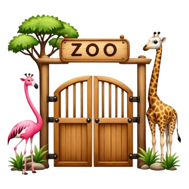 rustic wooden zoo gate with 'zoo' sign, surrounded by giraffe, panda, zebra, and flamingo, traditional emoji style, not AI art sticker