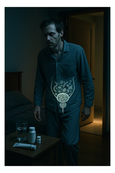 A cinematic night scene showing a man in his late 30s walking stanco verso il bagno in penombra, con la luce fioca che filtra da sotto la porta. Indossa abiti da notte sgualciti, ha un’espressione stanca e il volto scavato dalla mancanza di sonno. Sul comodino accanto al letto ci sono creme mediche, integratori e un bicchiere d’acqua. Una leggera sovrapposizione simbolica mostra, in trasparenza sul corpo, un’area anatomica maschile con presenza di microrganismi parassitari (raffigurati in stile medico-scientifico, non grottesco). Il contrasto visivo fa capire che la causa della nicturia è interna e nascosta, non visibile all’occhio umano. Illuminazione fredda, stile 35mm con profondità emotiva e sottile tensione clinica. sticker