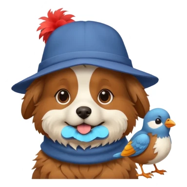 A fluffy dog with a bird on its shoulder and a funny hat sticker