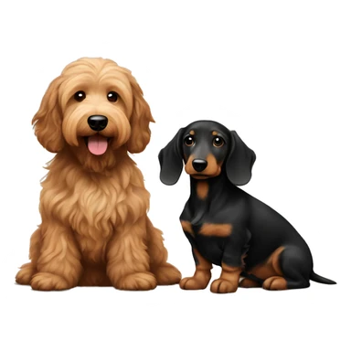 Brown golden doodle and black and tan and cream longhair dachshund sitting together  sticker