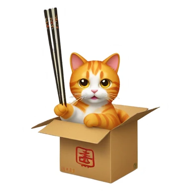 Orange cat eating cat with chopsticks in Chinese take out box with a paw hanging out the side sticker