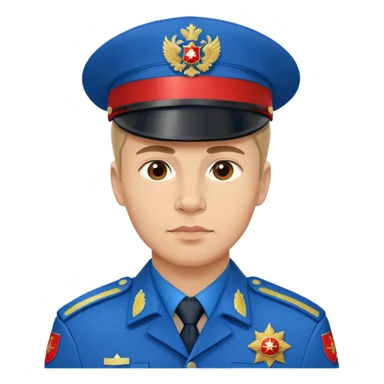 Russian police officer with blue uniform and traditional peaked cap with red band sticker