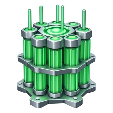 A bundle of uranium fuel rods used in a nuclear reactor, with a metallic structure and cylindrical rods, arranged in a hexagonal grid, futuristic and industrial style sticker