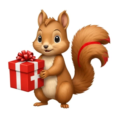 squirrel holding a large red gift box in one hand and a Swiss flag in the other, both objects prominent, simple white background sticker