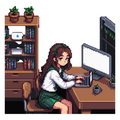 a girl sitting at a desk with a MacBook, focus on face and laptop, pixel art style sticker