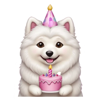 cute samoyed hold a pink birthday cake in both arms with pink birthday hat sticker