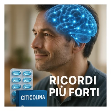 Citicolina che potenzia la memoria, iper realistico, molecola blu che illumina aree cerebrali, scritta 'Ricordi più forti', atmosfera positiva, dettagli realistici sticker