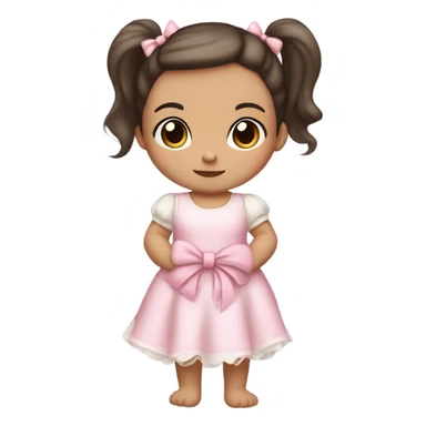 Little Baby Girl with light white skin, brown eyes. Dark hair in two ponytails, with light pink bows.  She is wearing a light pink and White dress, standing and holding a teddybear with a pink bow. Only showing up to her waist sticker