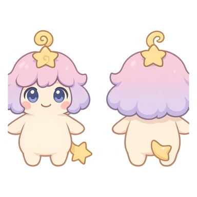 character turnaround of a chubby fluffy star spirit named Stella Puff, front side and back views, creamy white body, puffy cloud-like pastel pink purple gradient hair with a yellow star swirl on top, big round glassy blue violet eyes, coral pink blush, short arms and legs, soft golden star tail, kawaii chibi style, clean lines, transparent background sticker