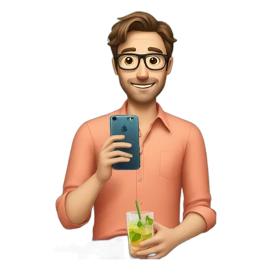 man with brown hair, octagonal glasses, and salmon colored shirt sitting on the toilet, holding a phone in one hand and a cocktail in the other hand sticker