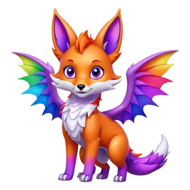 Cartoon Fox dragon hybrid purple eyes with wings face front full body rainbow colored sticker