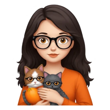 girl with dark brown hair, medium length to her chest, slightly wavy, the girl has black glasses and black eyes, she’s holding a grey fluffy cat with bright orange eyes  sticker