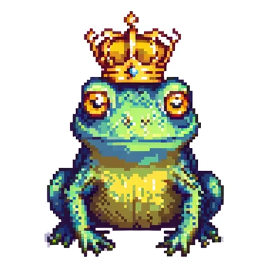 pixel art crowned frog, with a golden crown and big eyes sticker