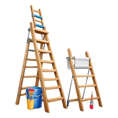 Create an icon that represents the hobby of wall painting. The design should feature a wall with a beautiful, frameless painting in progress. Include a paint bucket with brushes and rollers, as well as a wooden ladder, symbolizing the process of creating the artwork. The wall should have visible brush strokes, indicating the work in progress. The composition should be harmonious and balanced, reflecting both the artistic and practical aspects of wall painting. The background should be transparent. sticker