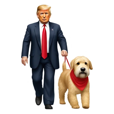 President Donald trump walking a wheaten terrier wearing a red bandana sticker