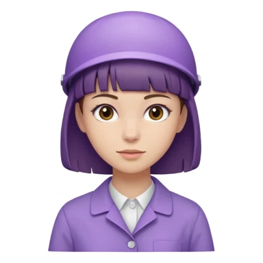 A young female slim nurse with short Brown hair with fringe over her forehead, wearing larvendar purple working cloth, without hat sticker