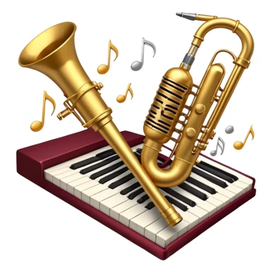 Create a vibrant emoji representing jazz vocal performance. The design should feature a vintage microphone, with musical notes swirling around it, symbolizing the improvisational and expressive nature of jazz singing. Add subtle elements like a jazz trumpet and saxophone in the background to represent the ensemble often accompanying jazz vocals. Include a set of piano keys or a grand piano in the design to reflect the jazz club atmosphere. Use warm, rich colors like deep gold, black, burgundy, and silver to create a soulful and elegant vibe. The background should be transparent. sticker