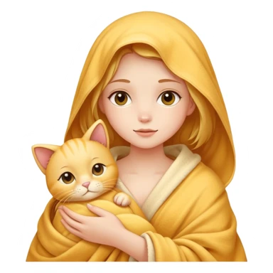 A beautiful girl with fair skin - just after taking a bath - wrapped in a blanket and holding a golden cat sticker