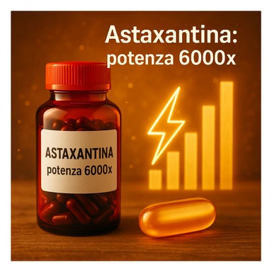 hyper realistic Astaxantina with energy symbol, orange and golden capsule, red bottle, bar chart, text 'Astaxantina: potenza 6000x', motivational atmosphere sticker