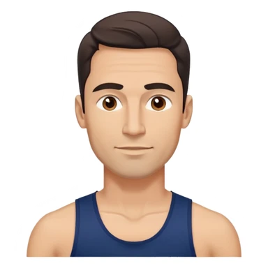 Youthful-looking athletic 40-year-old man with light brown skin, elongated face, defined jawline, attractive features, medium dark eyes, arched eyebrows, straight nose, confident expression, medium wavy dark hair with modern style, wearing a navy blue tank top sticker