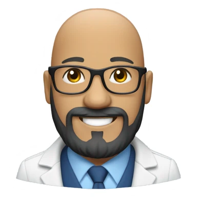 Bald man smiling with glasses and big bushy blac beard with. Wearing a white shirt and a blue coat sticker