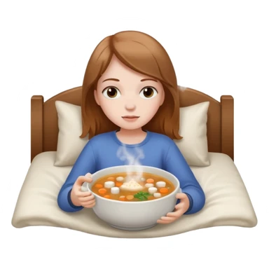 tazita de sopa, pastillas al lado y una chica en una cama sticker