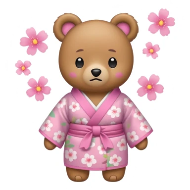 A cute light-brown bear wearing a pastel pink sakura-patterned kimono, normal balanced body ratio.  
Tilting head slightly with a confused face, a big floating question mark above the head.  
Kawaii emoji style, minimalistic clean sticker illustration, white background. sticker