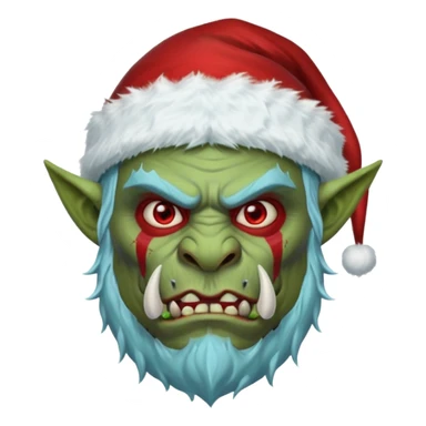 Fantasy orc portrait emoji, Santa Claus hat adapted for orc head with tusks, icy blue and deep red frost war paint on face, brutal winter warrior mood, strong facial features, minimal tribal design, clean high readability emoji style, male/female variant
 sticker