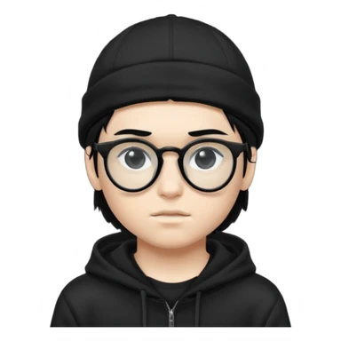 teenage boy (black hair, white skin, black eyes) wearing black glasses (nerd) and hide all his hair under a cap. wearing normal hoodie sticker