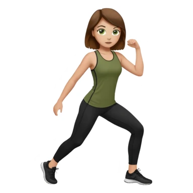 Girl with green eyes, brown hair, light skin, and freckles wearing an olive green top with black leggings working out sticker