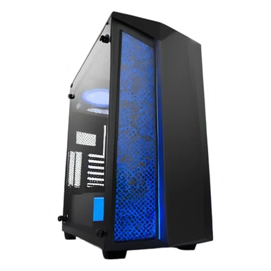 Black gaming PC RGB mid-tower case with glass side panel blue lighting sticker