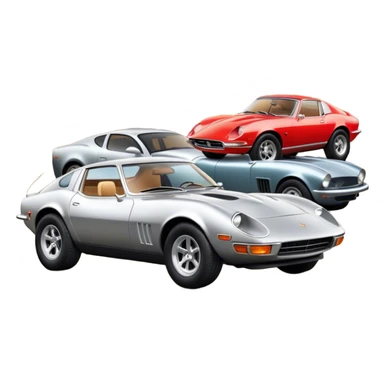 Collage emoji symbolizing a passion for cars: a sleek sports car, a vintage classic car, and an off-road SUV. The background features a cozy garage with tools, car posters, and warm lighting, emphasizing a home hobby atmosphere. Transparent background. sticker