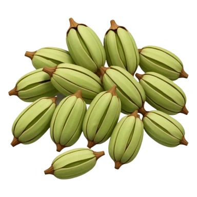 small scatter of whole cardamom pods, oval ridged shape, pale green to light brown hues, slightly wrinkled dry surface, visible seams and pointed ends, aromatic spice seeds inside, apple emoji style, soft lighting, subtle shadows, transparent background, emoji scale sticker