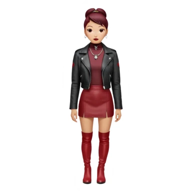 “East Asian woman with a tight sleek bun, no loose strands. Black leather jacket over a black turtleneck, silver Vivienne Westwood-style orb necklace. Red leather mini skirt, burgundy tights, red long boots. Clean, fashion-editorial style.” sticker