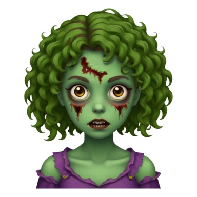 faça uma garota zombie, com a pele verde, cabelo castanho cacheado abaixo do ombro linda sticker