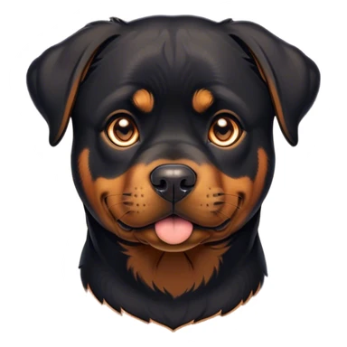 Cinematic Cute Rottweiler Portrait Emoji, Head tilted playfully and inquisitively, featuring a glossy black coat with distinct tan accents, round, sparkling brown eyes filled with curiosity, Simplified yet irresistibly adorable features, highly detailed, glowing with a warm, friendly glow, high shine, affectionate and lively, stylized with a touch of whimsy, bright and endearing, soft glowing outline, capturing the essence of a mischievous yet loving companion, so playful it feels like it could bound out of the screen and into your arms! sticker
