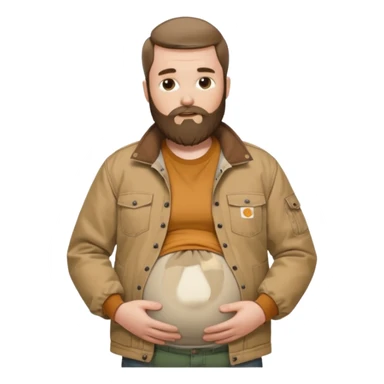 Bearded man rubbing pregnant belly poking out of shirt wearing a tan canvas carhartt jacket sticker