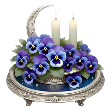 A mesmerizing nighttime scene featuring a cluster of vibrant blue pansies bathed in soft moonlight. In the background, a luminous silver crescent moon hangs low in the sky, partially veiled by delicate wisps of mist. A round, decorative candle in a shimmering pearl color rests on an ornate silver tray, its gentle glow casting flickering reflections on the surrounding petals. Tiny fireflies dance in the air, adding an ethereal touch, while a few scattered crystals glisten among the flowers. sticker