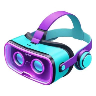 Futuristic glowing neon VR headset emoji, purple and cyan light, dark background, digital tech style sticker