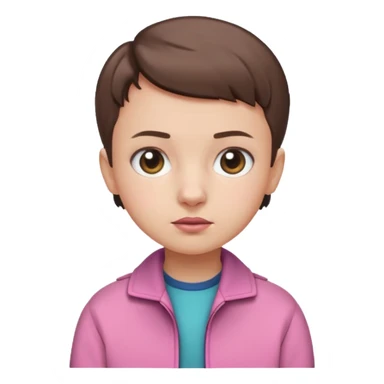 Create a cute emoji-style illustration of Eleven from Stranger Things: round face, big expressive eyes, short brown buzz-cut hair, pink jacket, simple nose and mouth, soft shading, bright colors, clean outline, minimal details, friendly expression, flat emoji style, white or transparent background. sticker