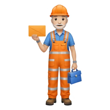 older engineer hi-vis orange overalls full body holding a card sticker