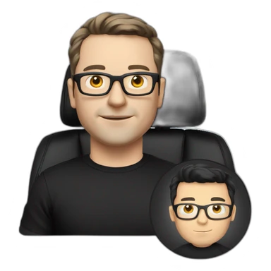 small-cartoonish-middle-age-lean-white-man,without beard or moustache,-with-black-hair-&-glasses-wearing-black-Tesla-T-shirt,-inside-black-tesla-model-3, full car front view with driver sticker