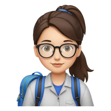 student brunet kid girl, ponytail wearing glasses with backpack sticker