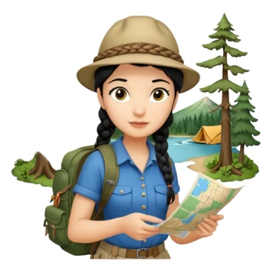 A braid black hair backpacking woman checking her map with curious eyes while walking in the woods with camping hat full body sticker